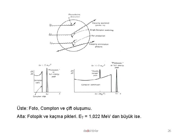 Üste: Foto, Compton ve çift oluşumu. Alta: Fotopik ve kaçma pikleri. E = 1,