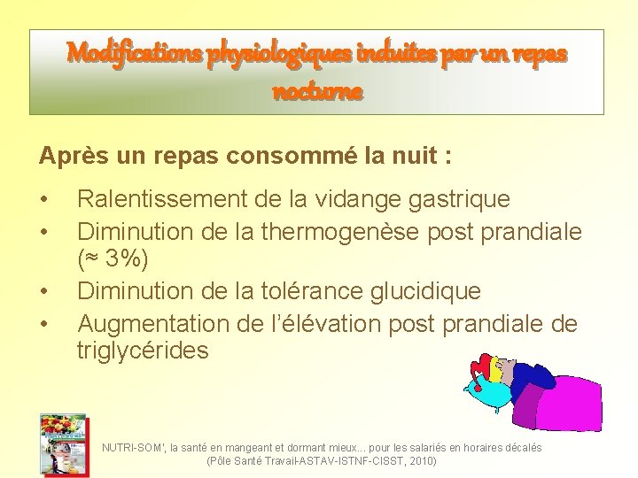 Modifications physiologiques induites par un repas nocturne Après un repas consommé la nuit : Modifications physiologiques induites par un repas nocturne Après un repas consommé la nuit :