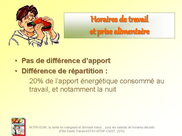 Horaires de travail et prise alimentaire • Pas de différence d’apport • Différence de Horaires de travail et prise alimentaire • Pas de différence d’apport • Différence de