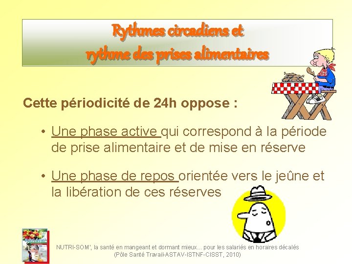 Rythmes circadiens et rythme des prises alimentaires Cette périodicité de 24 h oppose : Rythmes circadiens et rythme des prises alimentaires Cette périodicité de 24 h oppose :