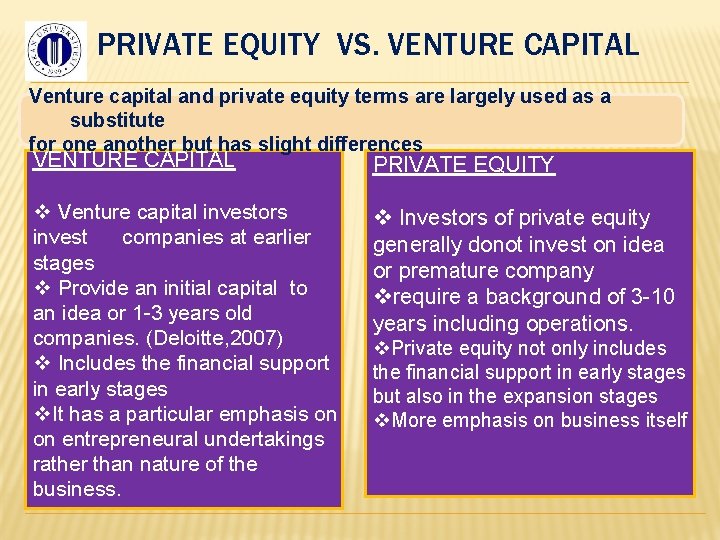 PRIVATE EQUITY VS. VENTURE CAPITAL Venture capital and private equity terms are largely used