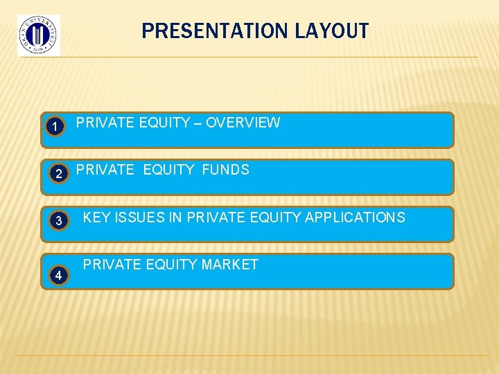 PRESENTATION LAYOUT 1 2 3 4 PRIVATE EQUITY – OVERVIEW PRIVATE EQUITY FUNDS KEY