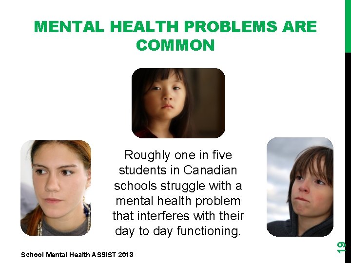 MENTAL HEALTH PROBLEMS ARE COMMON School Mental Health ASSIST 2013 19 Roughly one in