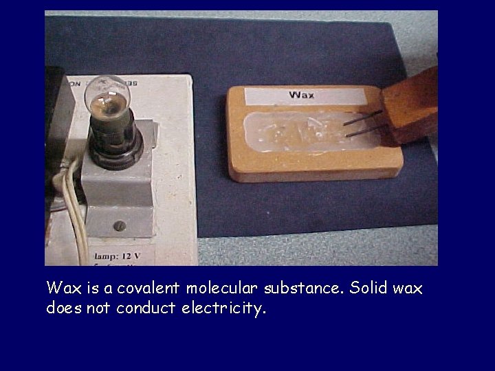 Wax is a covalent molecular substance. Solid wax does not conduct electricity. 