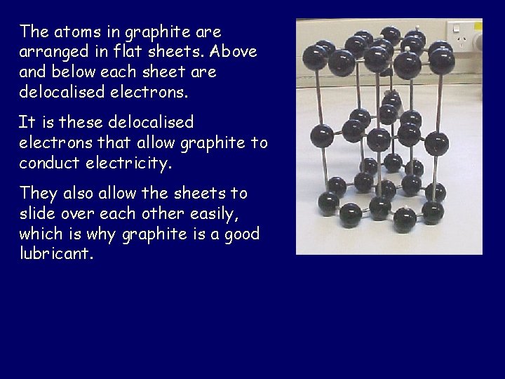 The atoms in graphite arranged in flat sheets. Above and below each sheet are