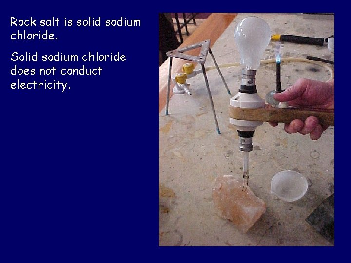 Rock salt is solid sodium chloride. Solid sodium chloride does not conduct electricity. 