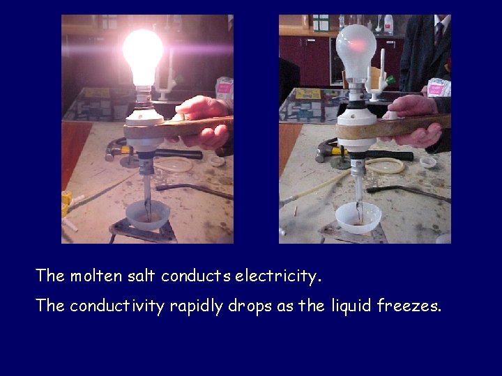 The molten salt conducts electricity. The conductivity rapidly drops as the liquid freezes. 