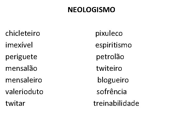 NEOLOGISMO chicleteiro pixuleco imexível espiritismo periguete petrolão mensalão twiteiro mensaleiro blogueiro valerioduto sofrência twitar