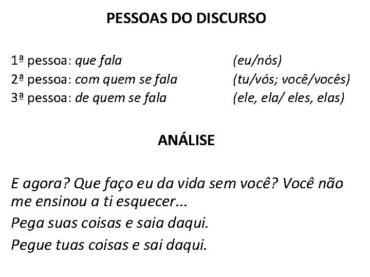 PESSOAS DO DISCURSO 1ª pessoa: que fala 2ª pessoa: com quem se fala 3ª