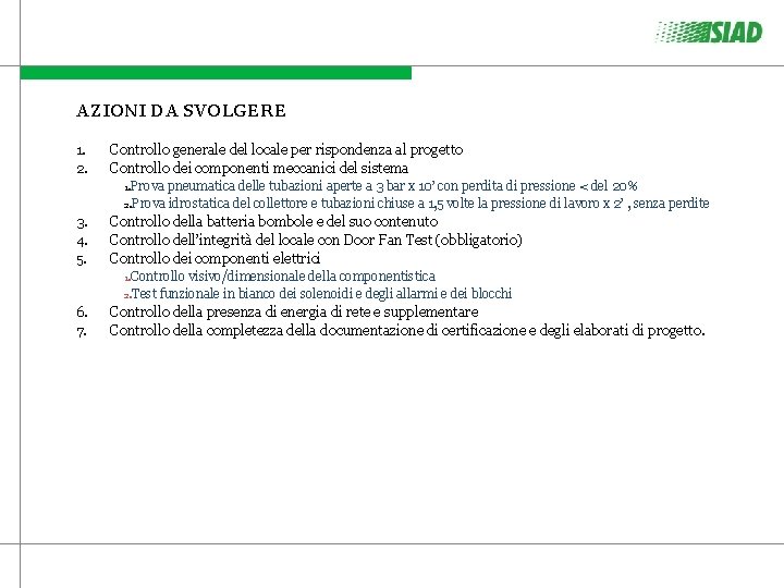 AZIONI DA SVOLGERE 1. 2. Controllo generale del locale per rispondenza al progetto Controllo AZIONI DA SVOLGERE 1. 2. Controllo generale del locale per rispondenza al progetto Controllo
