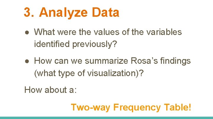 3. Analyze Data ● What were the values of the variables identified previously? ● 3. Analyze Data ● What were the values of the variables identified previously? ●