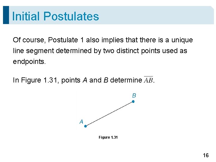 Initial Postulates Of course, Postulate 1 also implies that there is a unique line