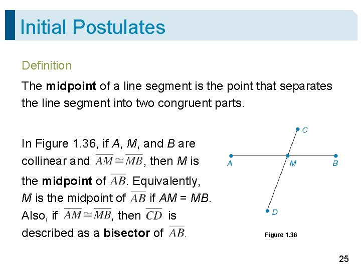 Initial Postulates Definition The midpoint of a line segment is the point that separates