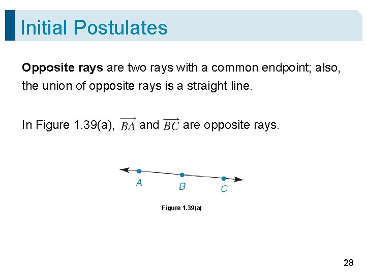 Initial Postulates Opposite rays are two rays with a common endpoint; also, the union