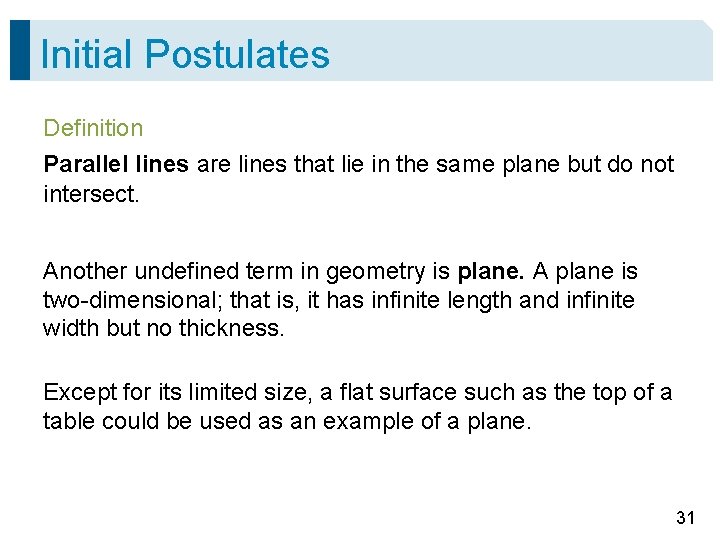 Initial Postulates Definition Parallel lines are lines that lie in the same plane but