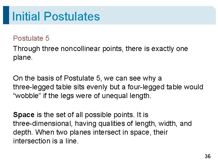 Initial Postulates Postulate 5 Through three non collinear points, there is exactly one plane.
