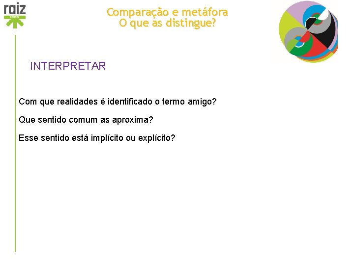 Comparação e metáfora O que as distingue? INTERPRETAR Com que realidades é identificado o