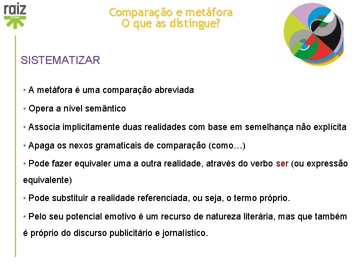 Comparação e metáfora O que as distingue? SISTEMATIZAR • A metáfora é uma comparação