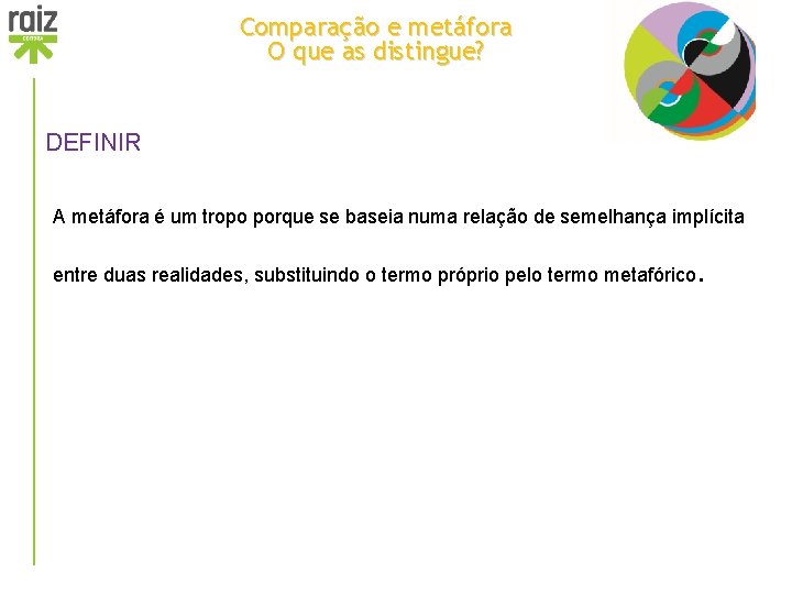 Comparação e metáfora O que as distingue? DEFINIR A metáfora é um tropo porque