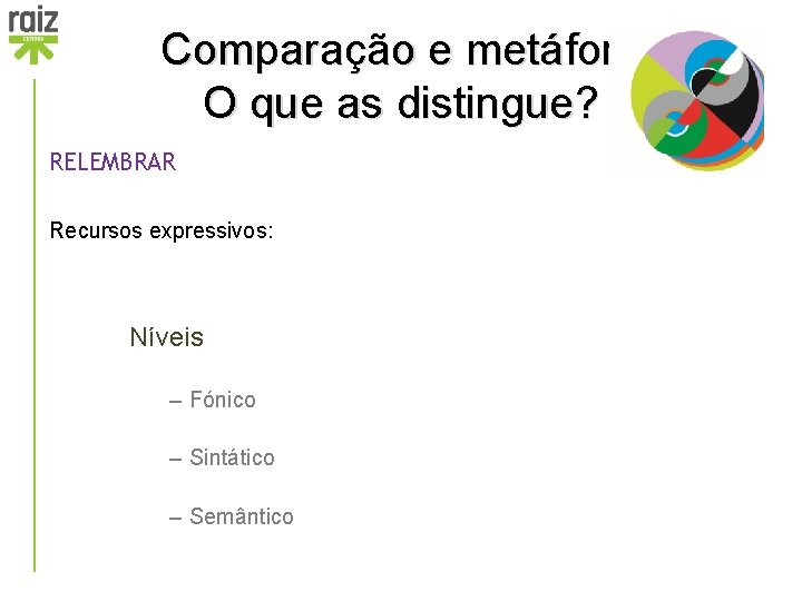 Comparação e metáfora O que as distingue? RELEMBRAR Recursos expressivos: Níveis – Fónico –