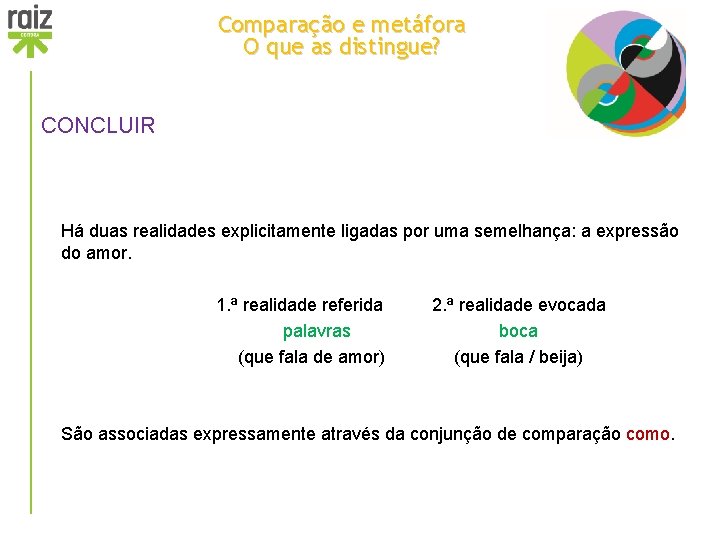Comparação e metáfora O que as distingue? CONCLUIR Há duas realidades explicitamente ligadas por