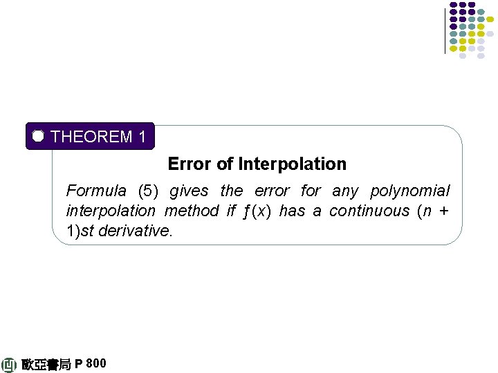 THEOREM 1 Error of Interpolation Formula (5) gives the error for any polynomial interpolation