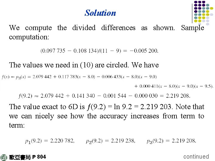 Solution We compute the divided differences as shown. Sample computation: The values we need