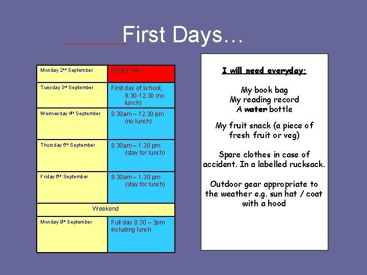 First Days… Monday 2 nd September INSET DAY Tuesday 3 rd September First day