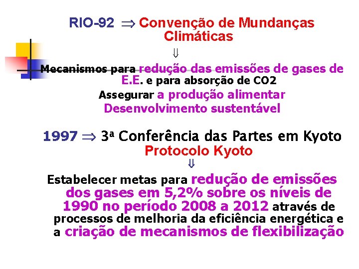 RIO-92 Convenção de Mundanças Climáticas Mecanismos para redução das emissões de gases de E.