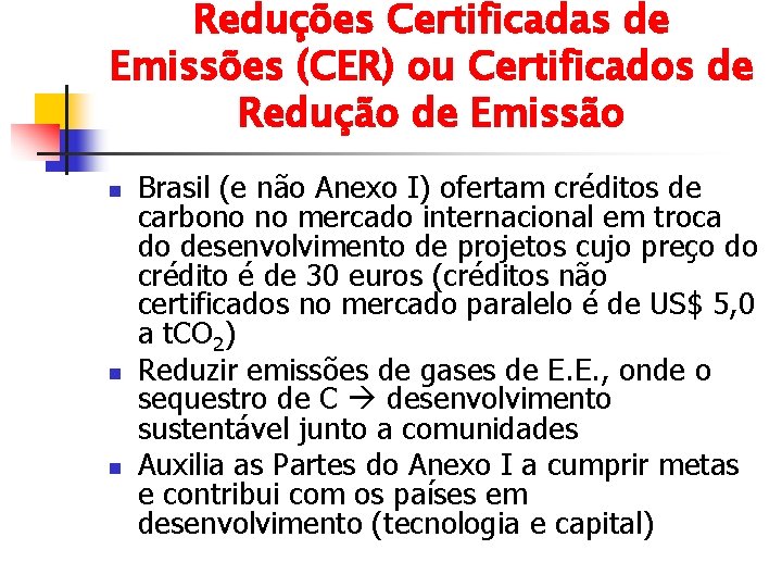 Reduções Certificadas de Emissões (CER) ou Certificados de Redução de Emissão n n n