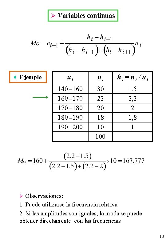 Ø Variables continuas xi ni hi = ni / ai 140 – 160 –