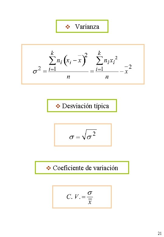 v Varianza v Desviación típica v Coeficiente de variación 21 