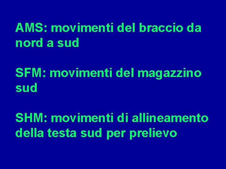 AMS: movimenti del braccio da nord a sud SFM: movimenti del magazzino sud SHM: