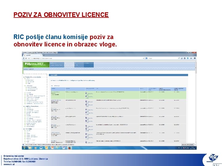 POZIV ZA OBNOVITEV LICENCE RIC pošlje članu komisije poziv za obnovitev licence in obrazec