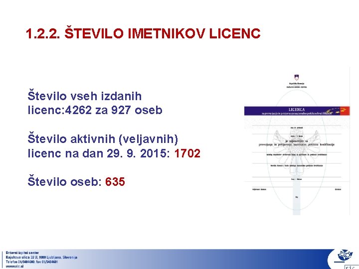 1. 2. 2. ŠTEVILO IMETNIKOV LICENC Število vseh izdanih licenc: 4262 za 927 oseb