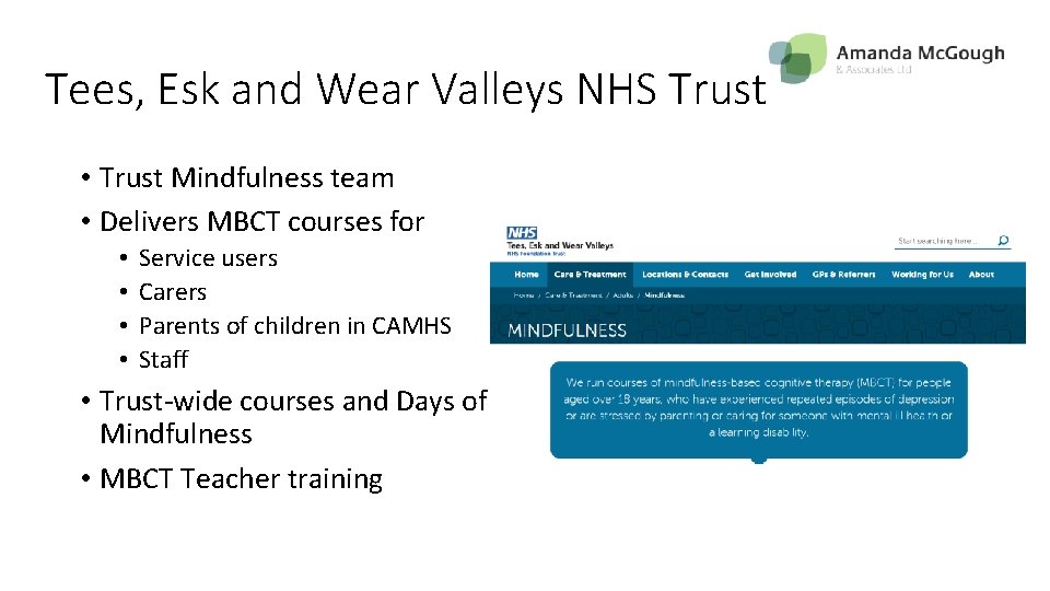 Tees, Esk and Wear Valleys NHS Trust • Trust Mindfulness team • Delivers MBCT