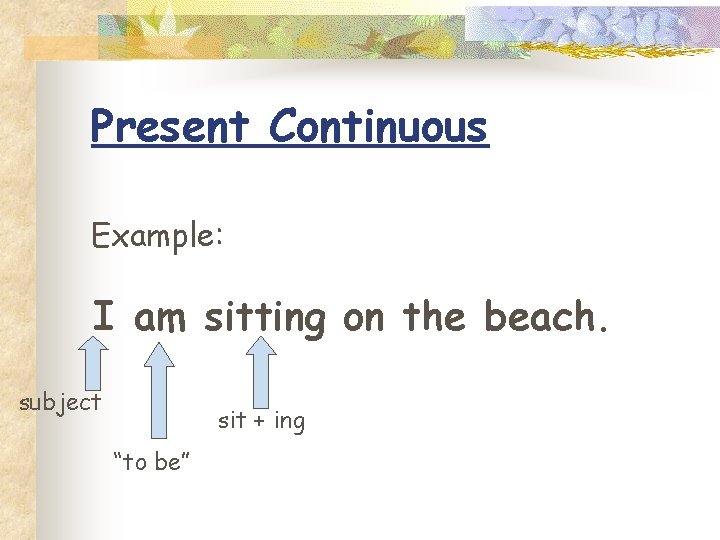 Present Continuous Example: I am sitting on the beach. subject sit + ing “to