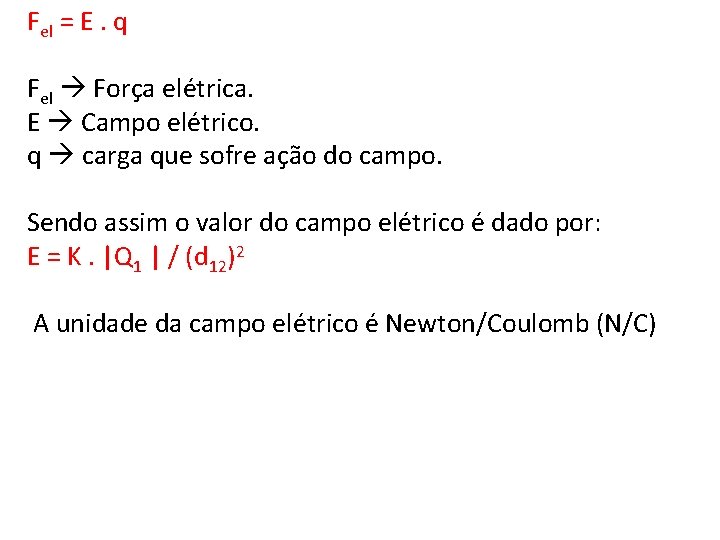 Fel = E. q Fel Força elétrica. E Campo elétrico. q carga que sofre
