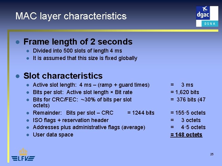MAC layer characteristics l Frame length of 2 seconds l l l Divided into