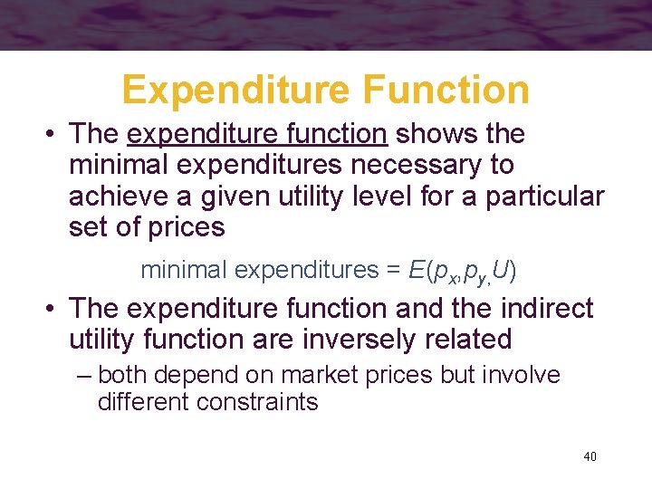 Expenditure Function • The expenditure function shows the minimal expenditures necessary to achieve a