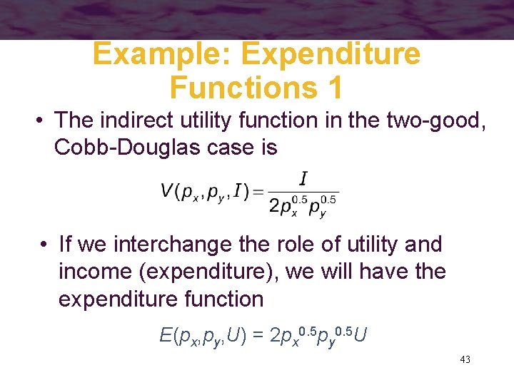 Example: Expenditure Functions 1 • The indirect utility function in the two-good, Cobb-Douglas case