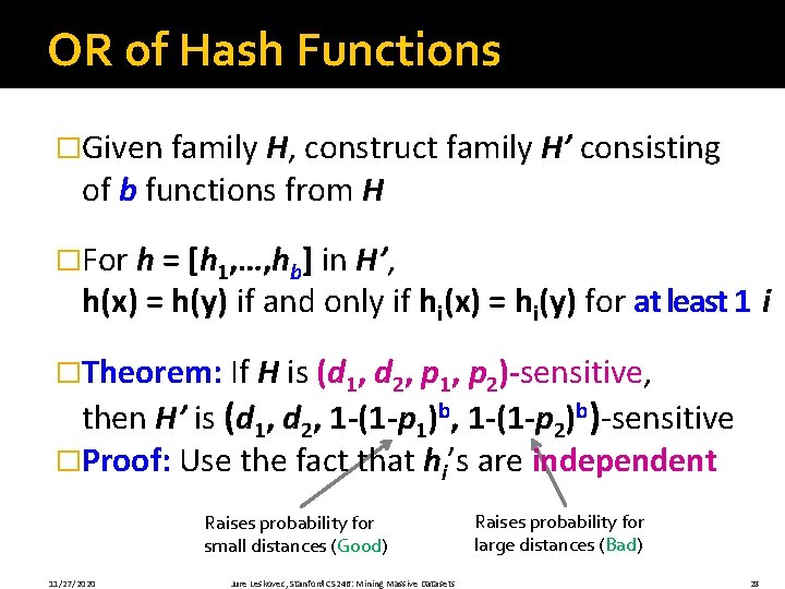 OR of Hash Functions �Given family H, construct family H’ consisting of b functions