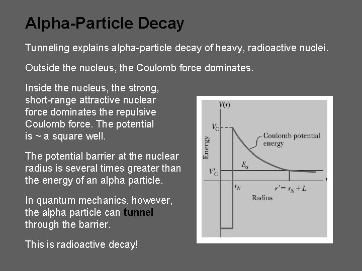 Alpha-Particle Decay Tunneling explains alpha-particle decay of heavy, radioactive nuclei. Outside the nucleus, the