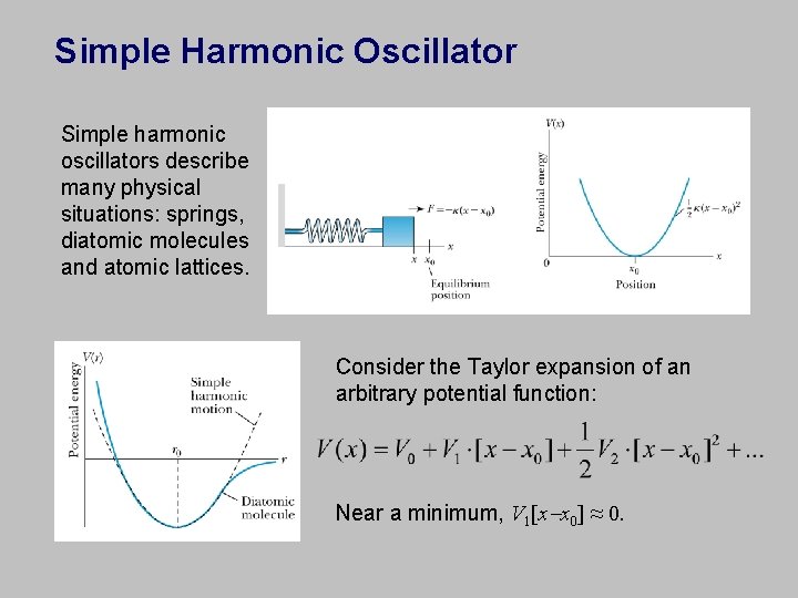 Simple Harmonic Oscillator Simple harmonic oscillators describe many physical situations: springs, diatomic molecules and