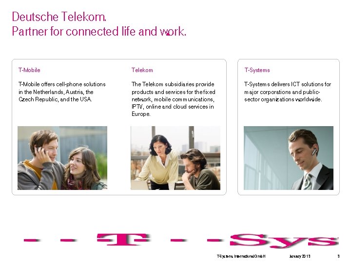 Deutsche Telekom. Partner for connected life and work. T-Mobile Telekom T-Systems T-Mobile offers cell-phone