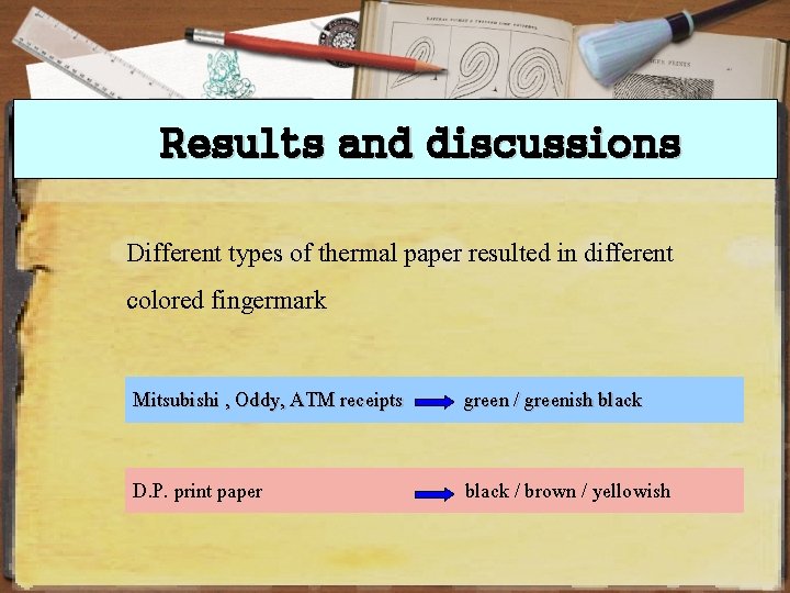 Results and discussions Different types of thermal paper resulted in different colored fingermark Mitsubishi