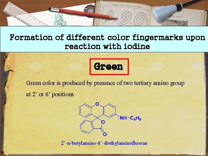Formation of different color fingermarks upon reaction with iodine Green color is produced by