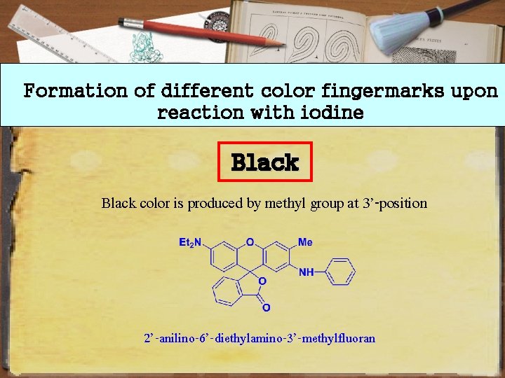 Formation of different color fingermarks upon reaction with iodine Black color is produced by