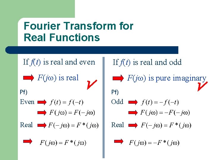 Fourier Transform for Real Functions If f(t) is real and even F(j ) is