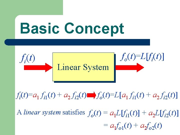 Basic Concept fi(t) Linear System fi(t)=a 1 fi 1(t) + a 2 fi 2(t)